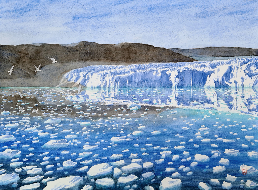 Isbjerg, isbjerge, arctic, gulls, måger, rider, arktis, artic circle, watercolour, glacier, climate changes